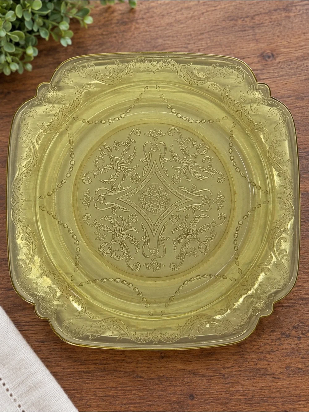 Vintage Amber Depression Glass Plates Set of 4 – Square Ornate Floral Scroll 8.5